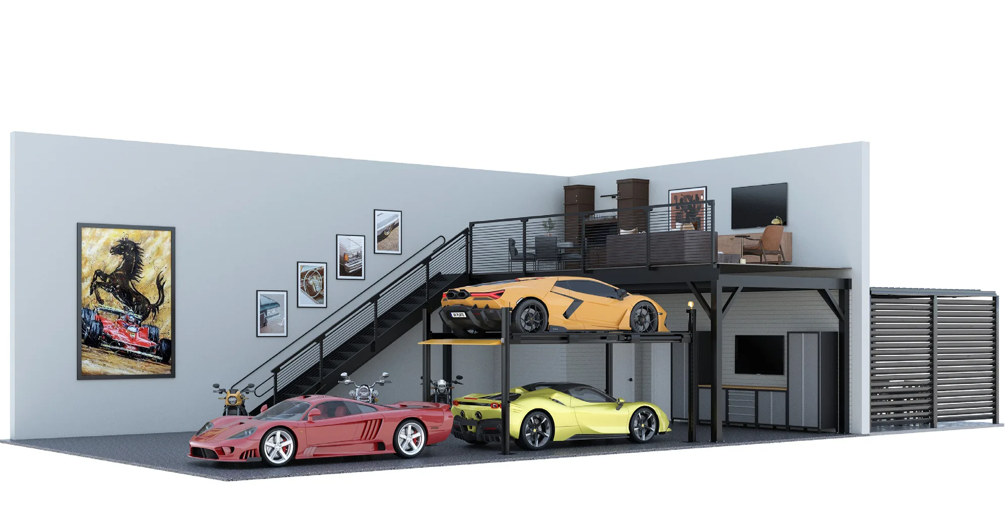 Cutaway rendering of a Torque Motor Suite with car lift and mezzanine