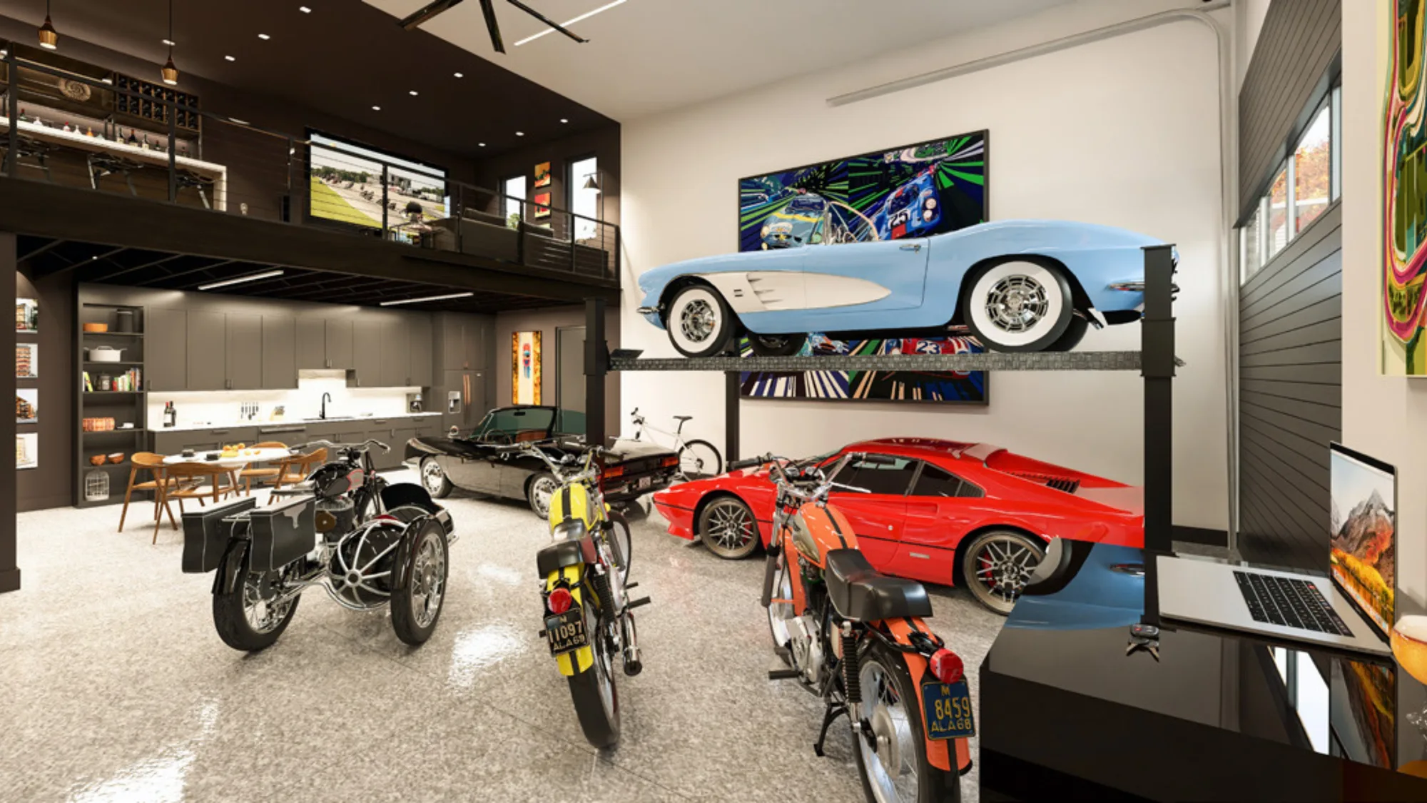 Torque Motor Suite interior with automotive gallery and mezzanine lounge