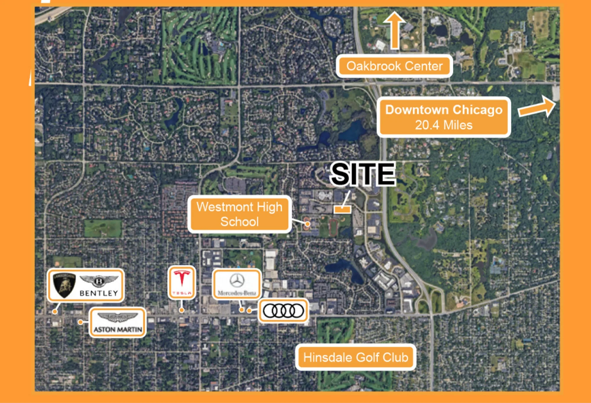 Map showing the Torque Motor Suites site relative to Oakbrook Center, downtown Chicago, and luxury auto dealerships